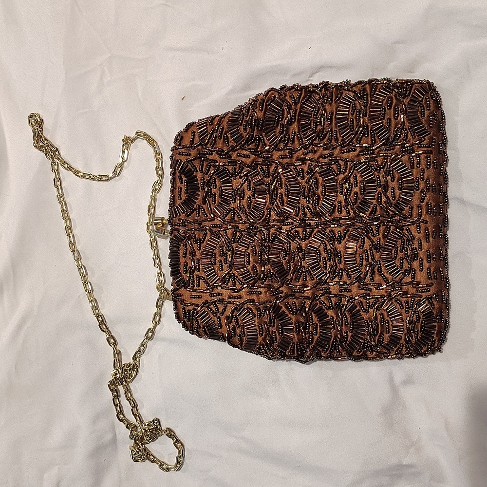 Beaded Brown Evening Wristlet with Gold Chain